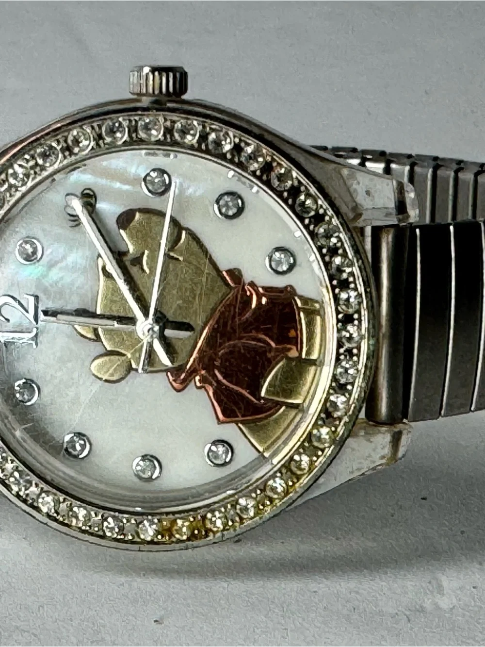 Disney Pooh Silver Watch with Gold and Rose-Gold Heart Accents sz small